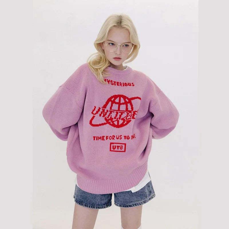 2024 New Women Casual Knit Sweater Cute Earth Pattern Street Fashion BF Pullover Sweater Cartoon Loose Round Collar Sweater