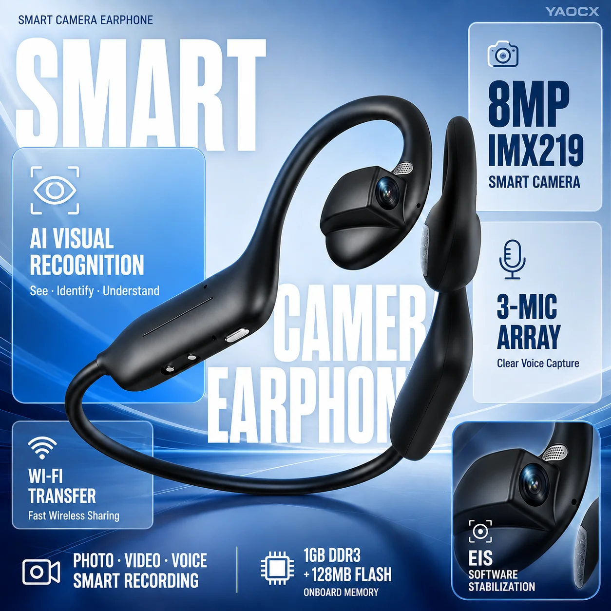 2026 TK Hot Smart Camera Earphones 8MP  AI Visual Recognition Open Ear Bluetooth Headphones Meeting Recording WiFi6 Transfer 8GB