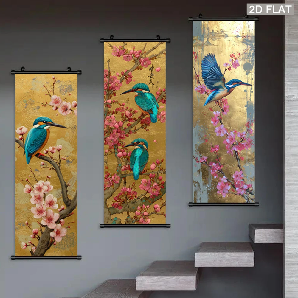 VIKAMA Chinese Style Kingfisher Tapestry, Peach Blossoms Flower Bird Wall Scroll, Vintage Poster, Home Wall Hanging Decor