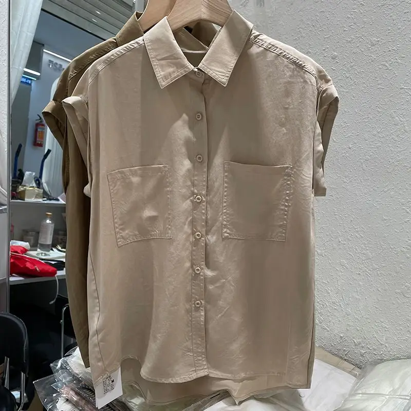 Blusa de retazos con bolsillos sin mangas para mujer, camisa holgada de Color sólido que combina con todo, Tops informales, ropa de moda, novedad de