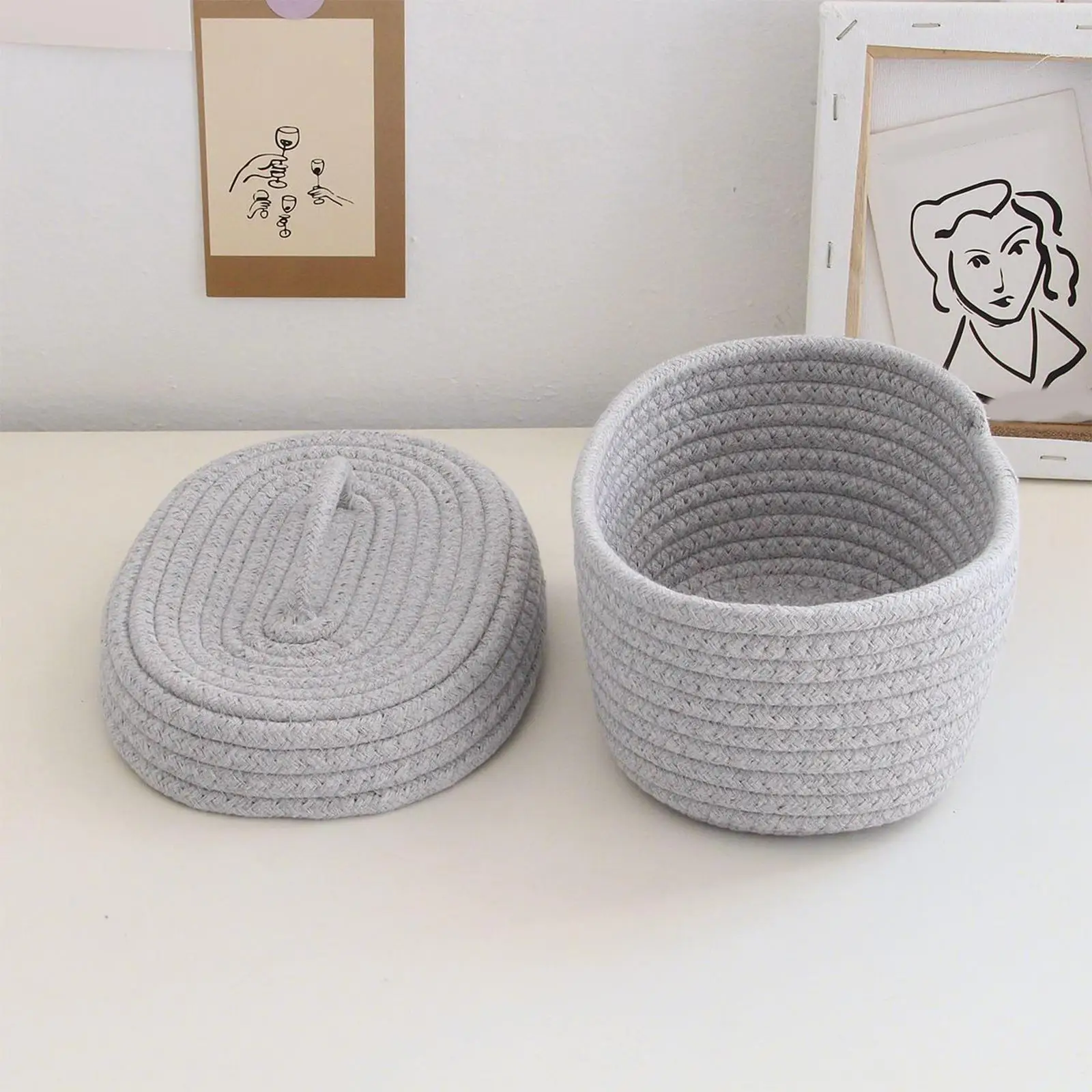 Woven Rope Basket with Lid Nursery Basket for Sundries Makeup Cosmetics