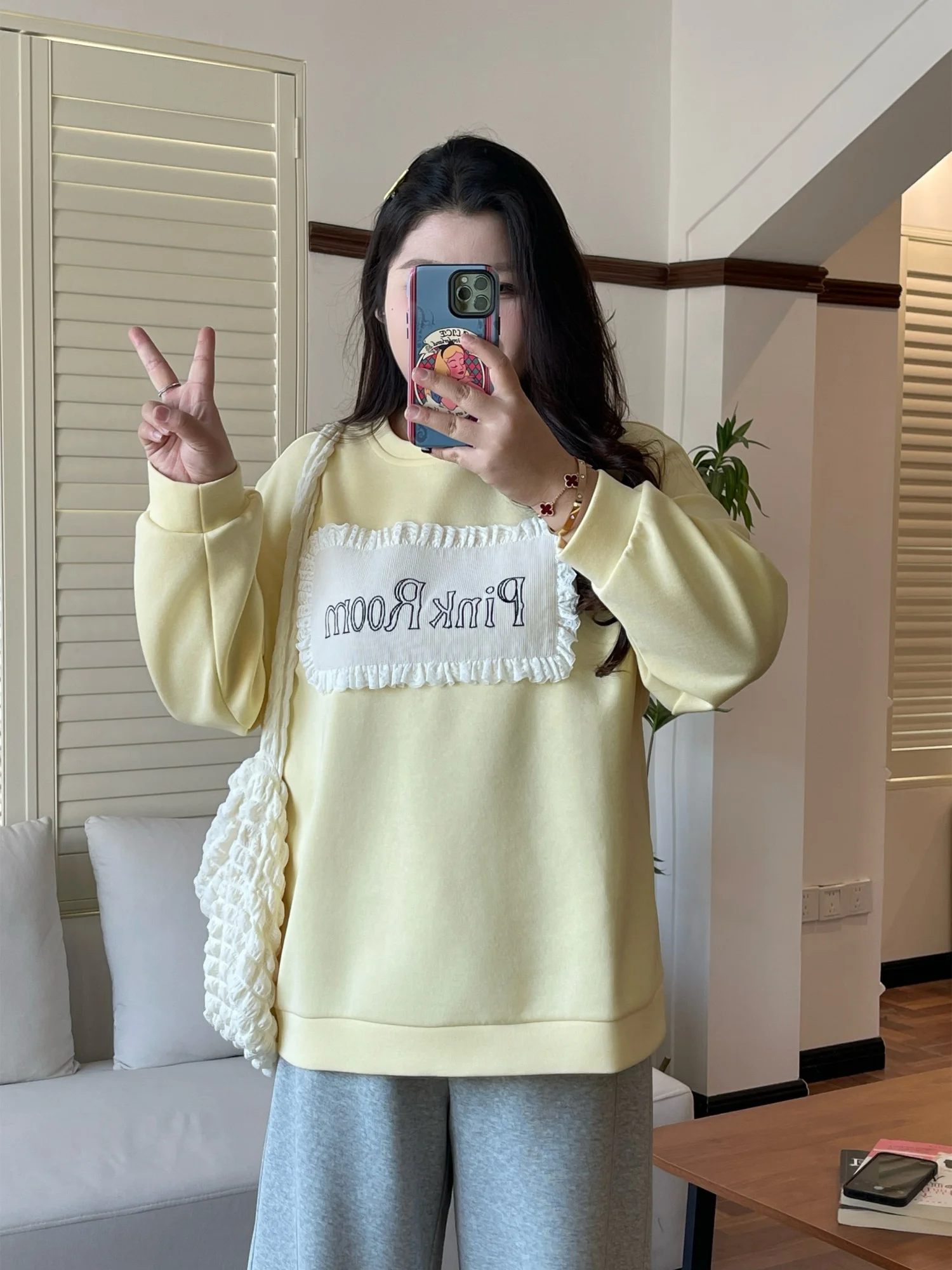 

Spring Initial round Ne Lace Print Sweatirt plus Size Women's Clothing Soft Age Reduction Casual Top Commute Sle Cotton...