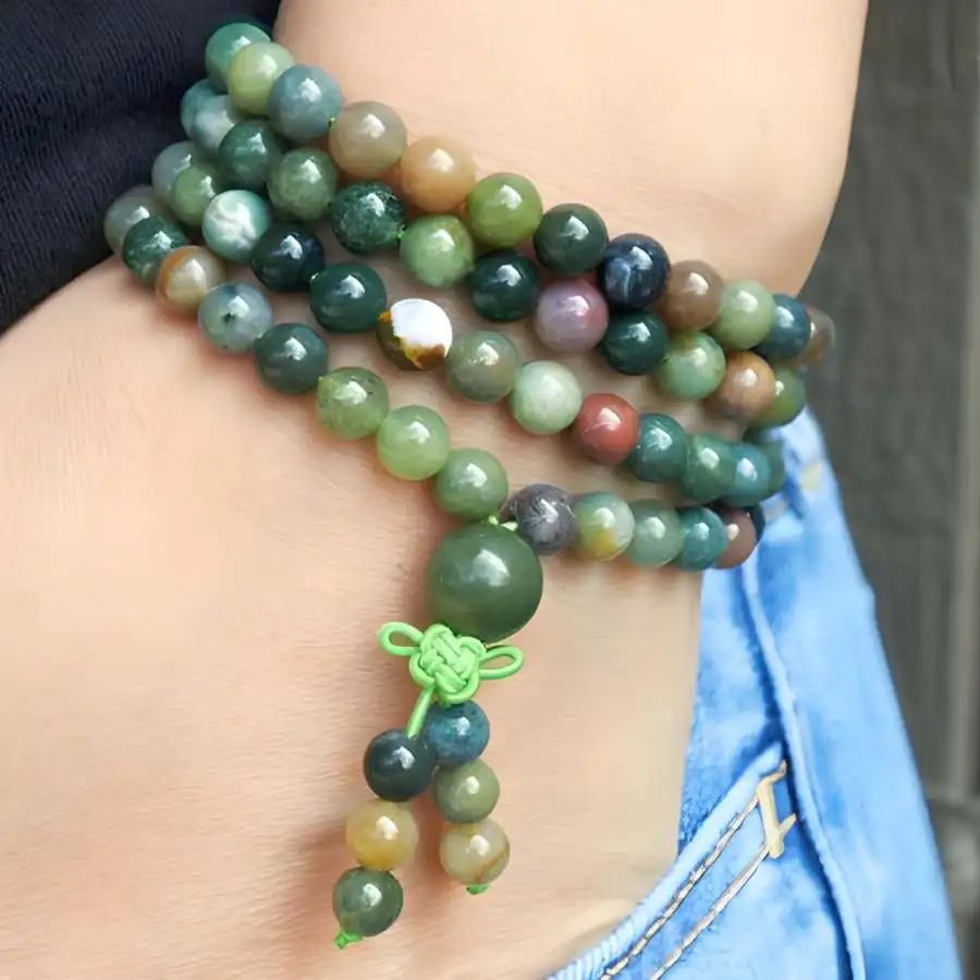 8mm Indian Agate Stone 108 Beads Necklace Bracelet Stone Mala zazen Yoga Bohemian tassel Bodhi Chakra Tibetan Chaplet elastic view 2
