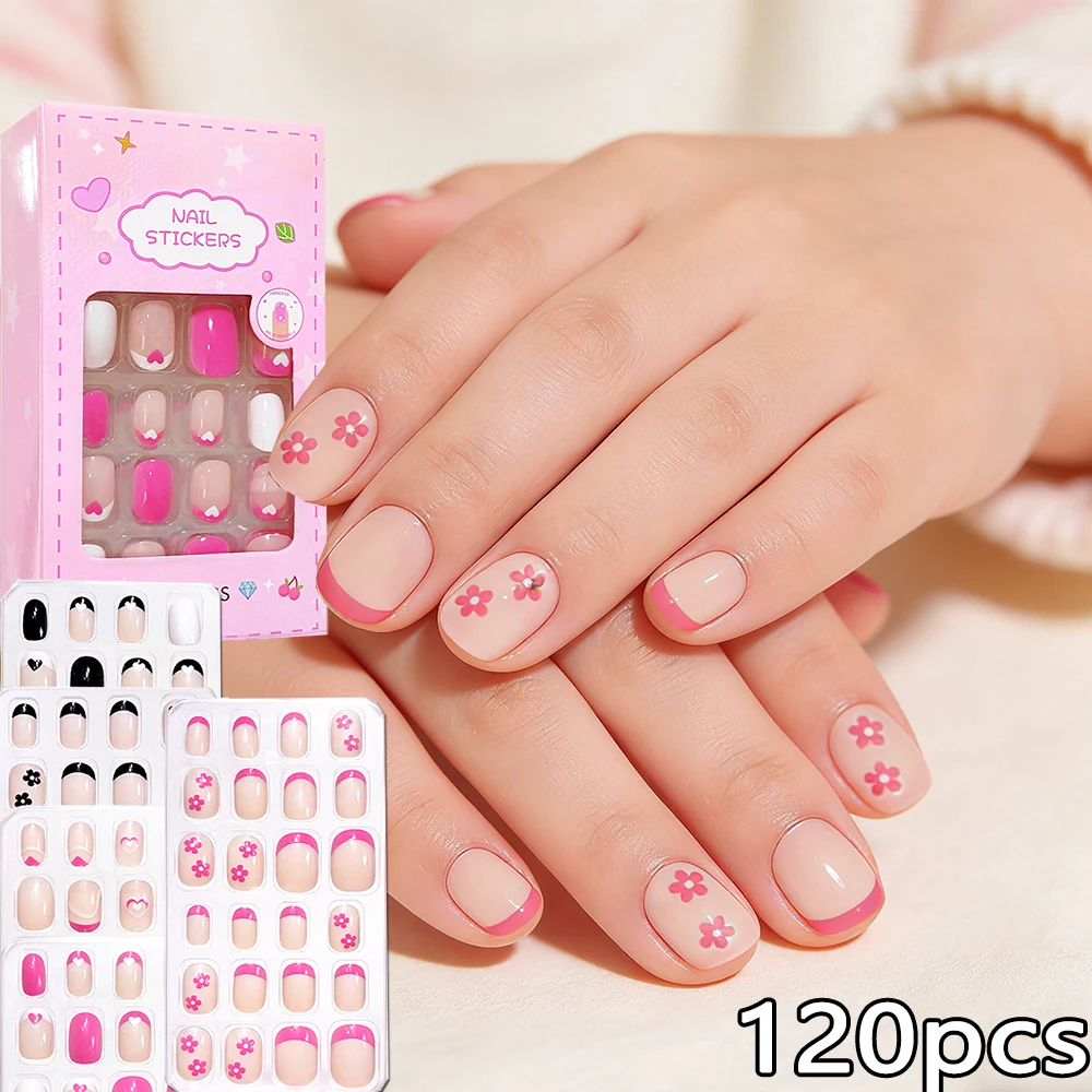 

120 шт. розовых накладных ногтей для девочек с цветочным и сердечным узором, короткие квадратные французские накладные ногти с клеем-желе, детские искусственные ногти