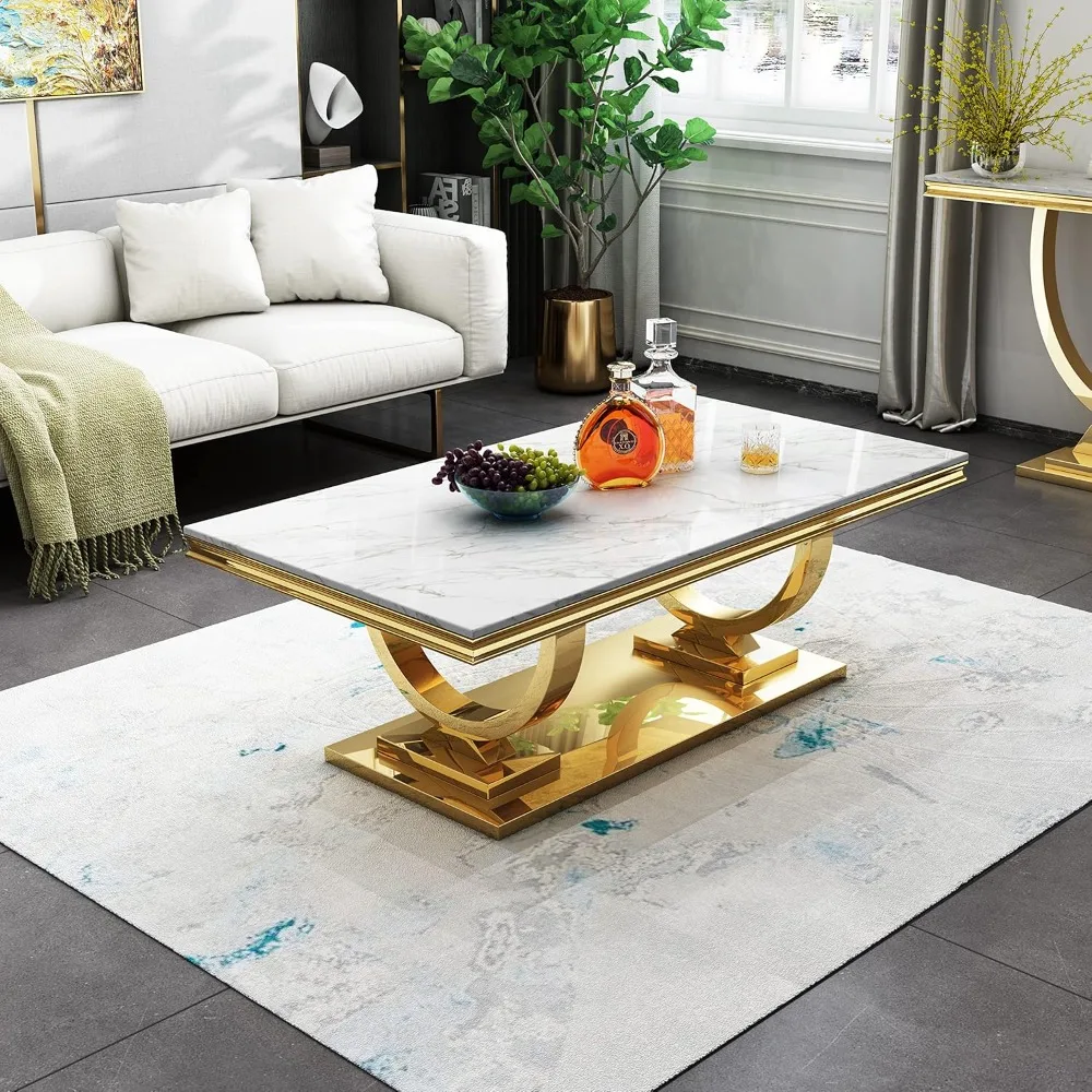 Modern Marble Coffee Table, Rectangular White and Gold Tea Table with U-Shape Stainless Steel Base Mirrored Finish