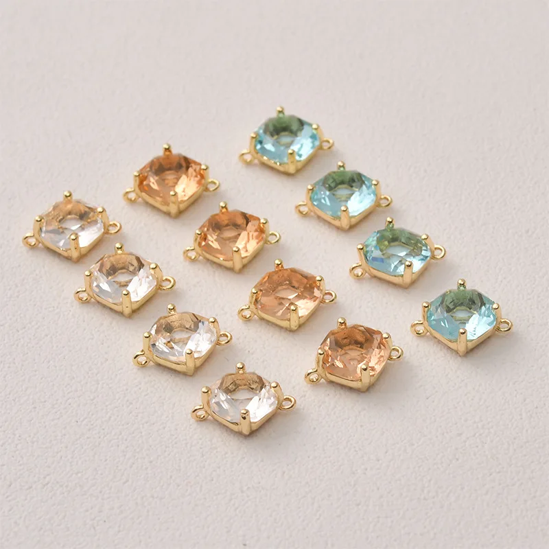 Copper Plated 14k Gold Color Square Multi-cut Double Pendant Rhinestone DIY Ear Jewelry Necklace Bracelet Material Accessories