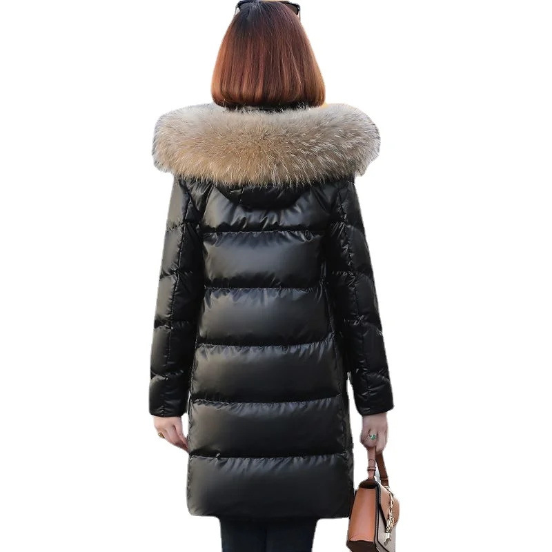 Winter New Mid Length High-end Thermal Women Down Jacket Hooded Real Fur Collar Fashionable Bright White Duck Down Jacket