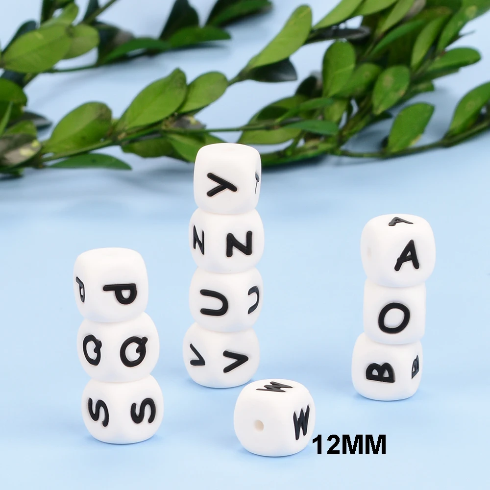 LOFCA 12mm 40pc Food Grade Silicone Baby Teeth Beads Pacifier Chain BPA Free Loose Chew Alphabet Beads for Personalized Name DIY