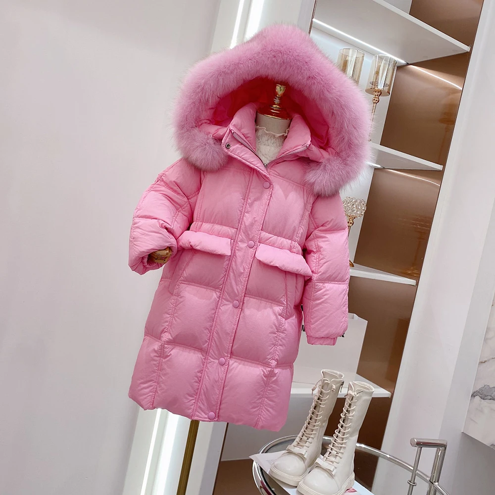 Girls Down Jackets Winter Natural Fox Fur Collar Hooded Long Coats Thick Warm Fluffy White Duck Down Coat Kids Snow Wear 4-12Y