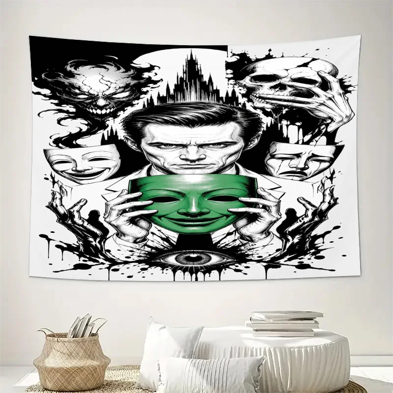 Gothic Skull Mask Tapestry Wall Hanging Horror Punk Rock Emo Aesthetic Art Decor for Living Room Man Cave Print