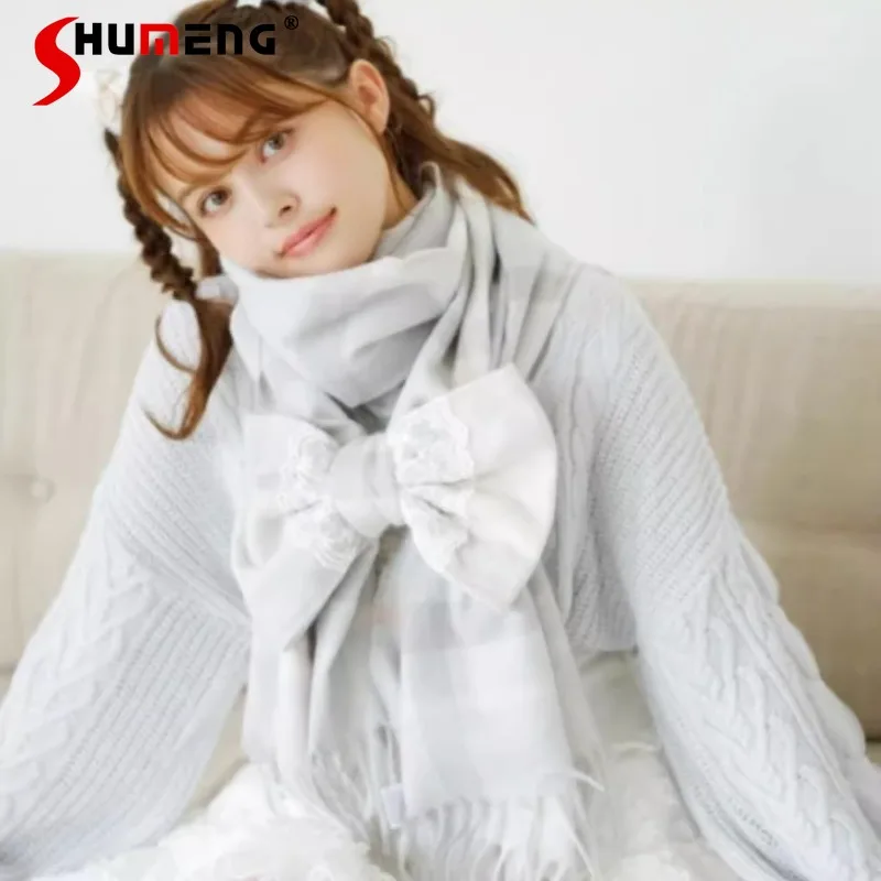 New Winter Japanese Liz Rojita Style Long Warm Comfortable Plaid Bow Scarf Three-Color Can Choose Women's Apparel Accessories