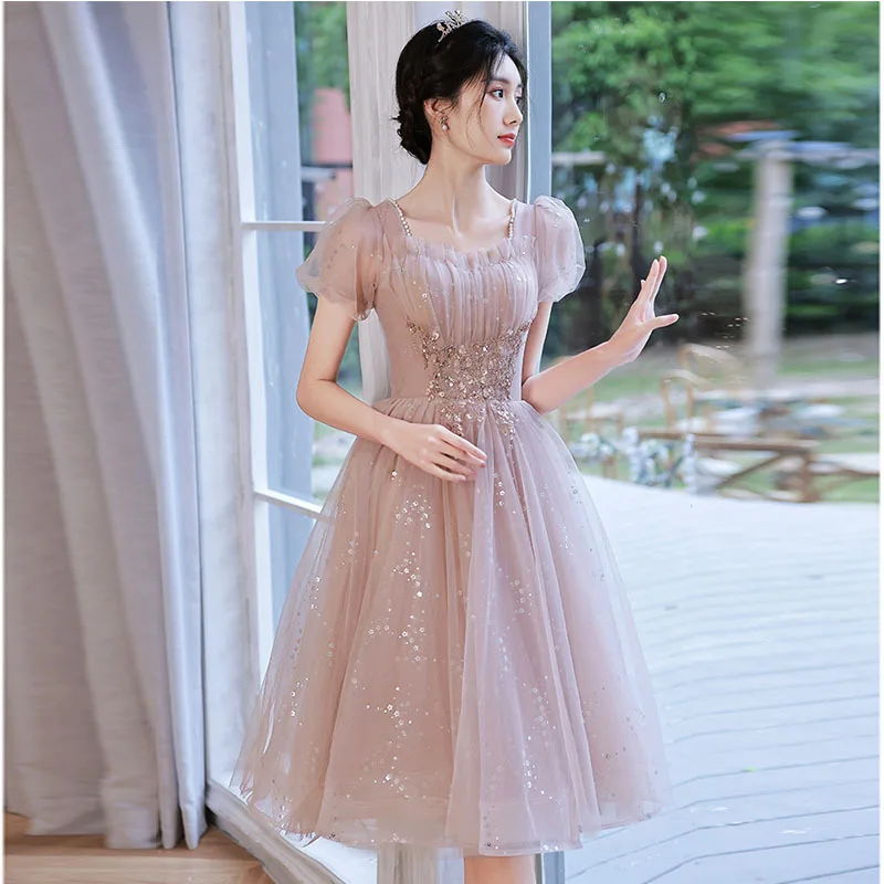 

Fashion Sequins Applique Square Collar Puff Sleeve Back Bandage A-Line Evening Dress Women Formal Gowns Robe De Soiree Cheongsam