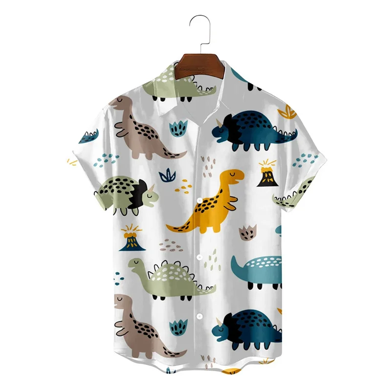 

Funny Dionsaur Graphics Shirts Summer Trend Casual Short Sleeve Cartoon 3D Printed Hawaiian Shirts Fashion Lapel Loose Blouse