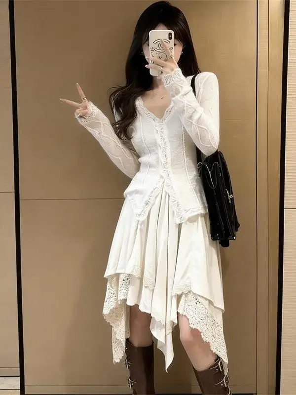 

Elegant V-Neck Lace Knitted Open Cardigan And Slim Fit Skirt Two-Piece Set for Women Casual Style Breathable Lightweight