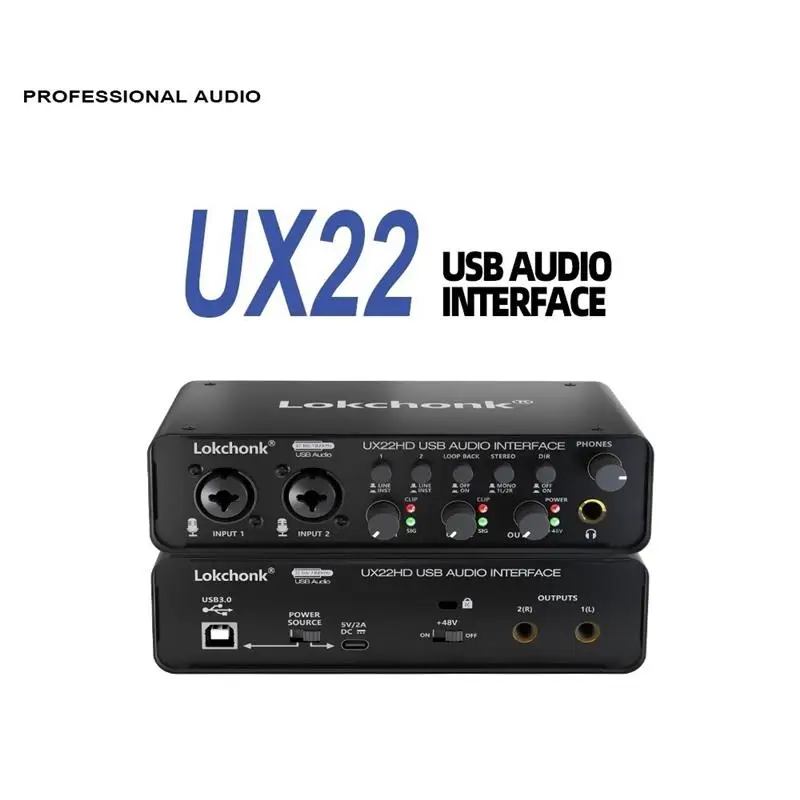 New UX22 Audio Interface Sound Card 32-bit/192KHz AD Converter, Electric Guitar Live Recording Professional Studio Singing,