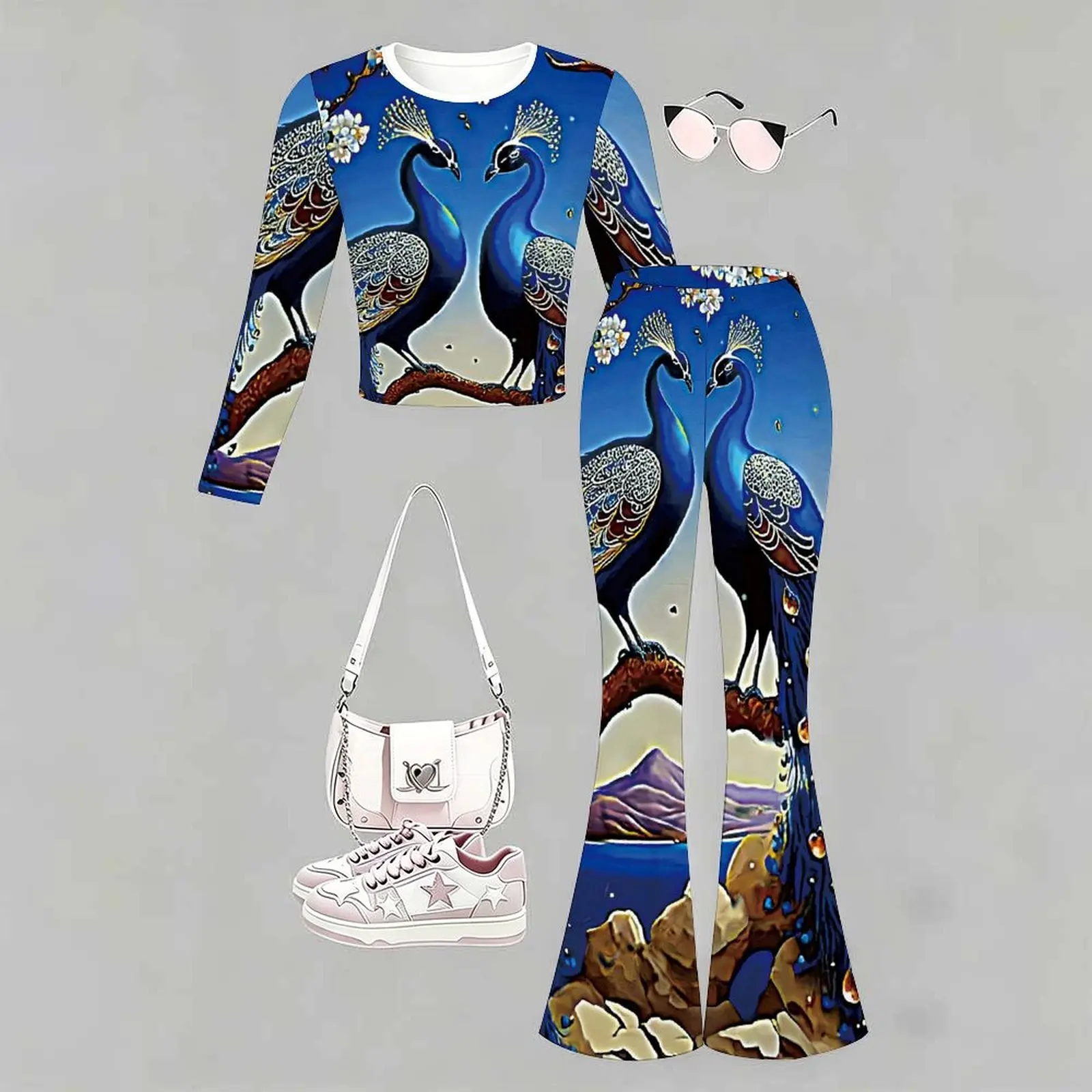 Slim Two-piece Set Fashion Bell-bottomed Pants Children's Casual Pants Autumn Winter Girls' Round Neck Long Sleeved