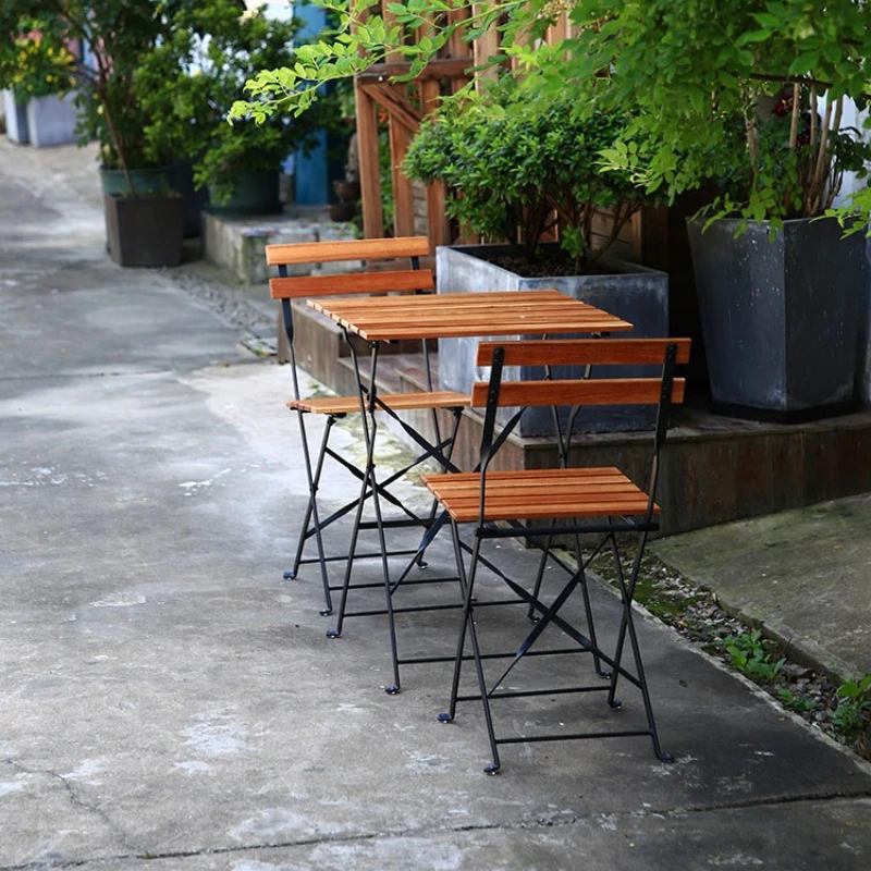 พับโต๊ะกาแฟไม้เนื้อแข็งลานกลางแจ้งเก้าอี้เลานจ์สวนบิสโทรเฟอร์นิเจอร์ขนาดกะทัดรัดพับขึ้นระเบียงที่นั่ง