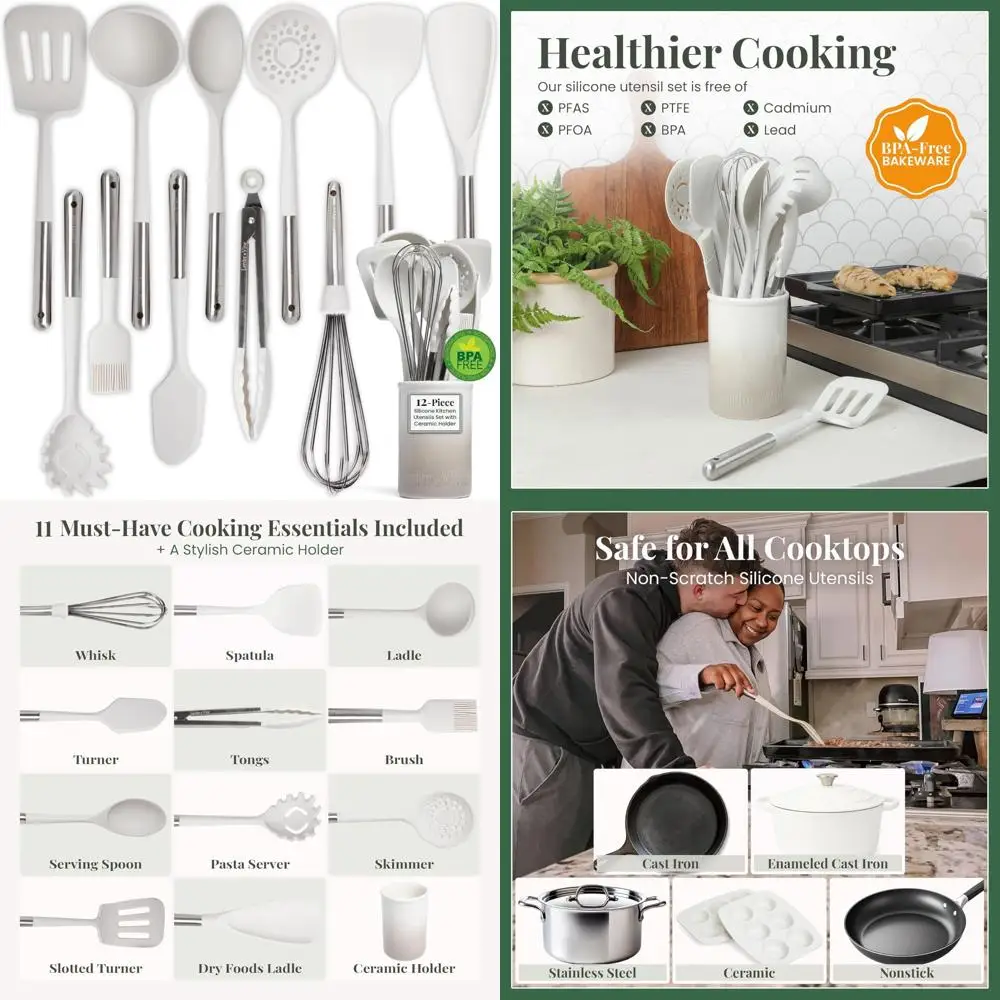

12-Piece Silicone Kitchen Utensil Set with Stainless Steel Handles and Ceramic Holder, Dishwasher Safe