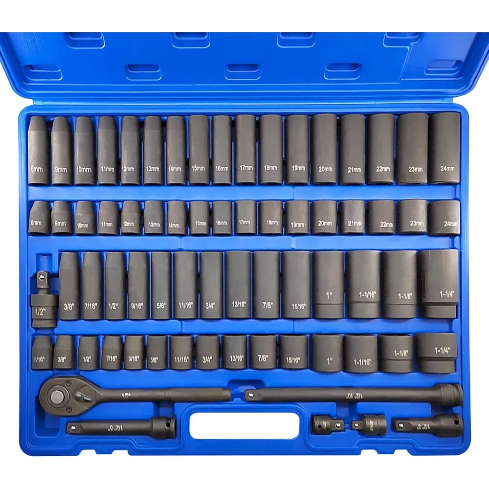 مجموعة مقابس تأثير المحرك 70 قطعة 1/2 بوصة، فولاذ Cr-V، SAE & Metric، مقابس قياسية/عميقة مع 72 مقبض بسقاطة للأسنان، شريط تمديد