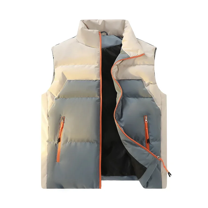 

Autumn Winter Men Waistcoat Contrast Color Patchwork Male Down Vest Stand Collar Sleeveless Pocket Warm Comfortable Man Coat