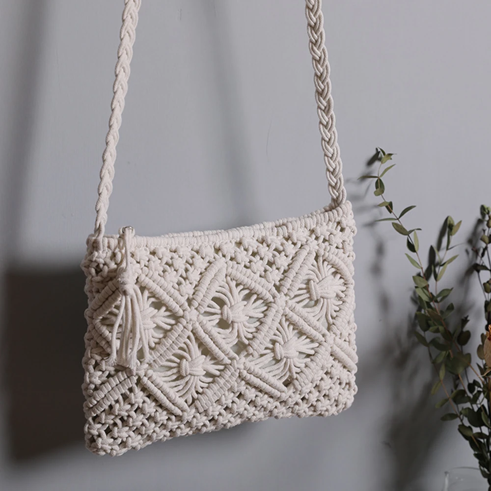 Spring Summer Cotton Rope Woven Shoulder Bag Women Hand-Woven Crossbody Bag New Beach Bags