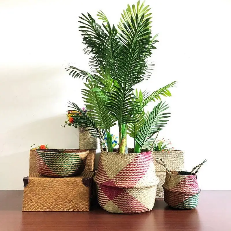Paniers de rangement en bambou faits à la main, patchwork de paille à linge pliable, rotin WUNICEF, ventre d'herbe de mer, pot de fleur de jardin, jardinière