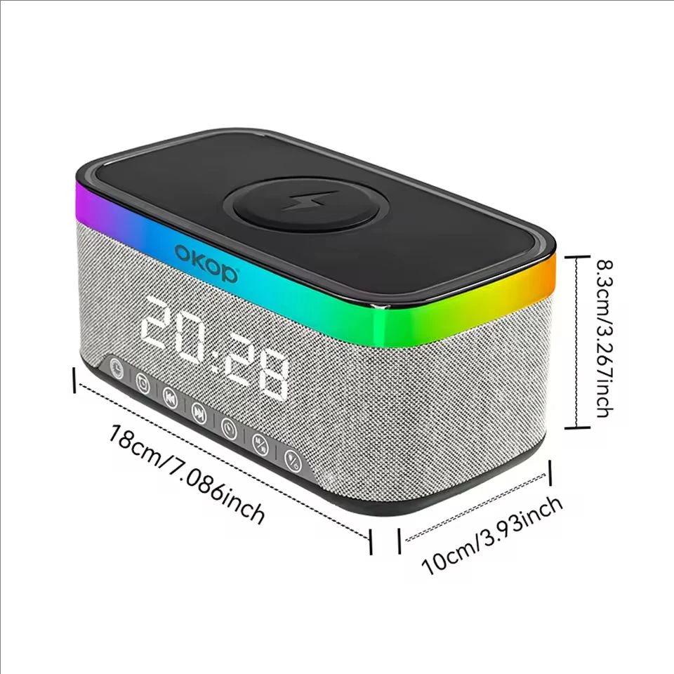 OKOP Bluetooth Speaker 15W Power Wireless Charging,Clock Alarm Clock RGB Ambient Light White Noise Desktop Charger Speaker