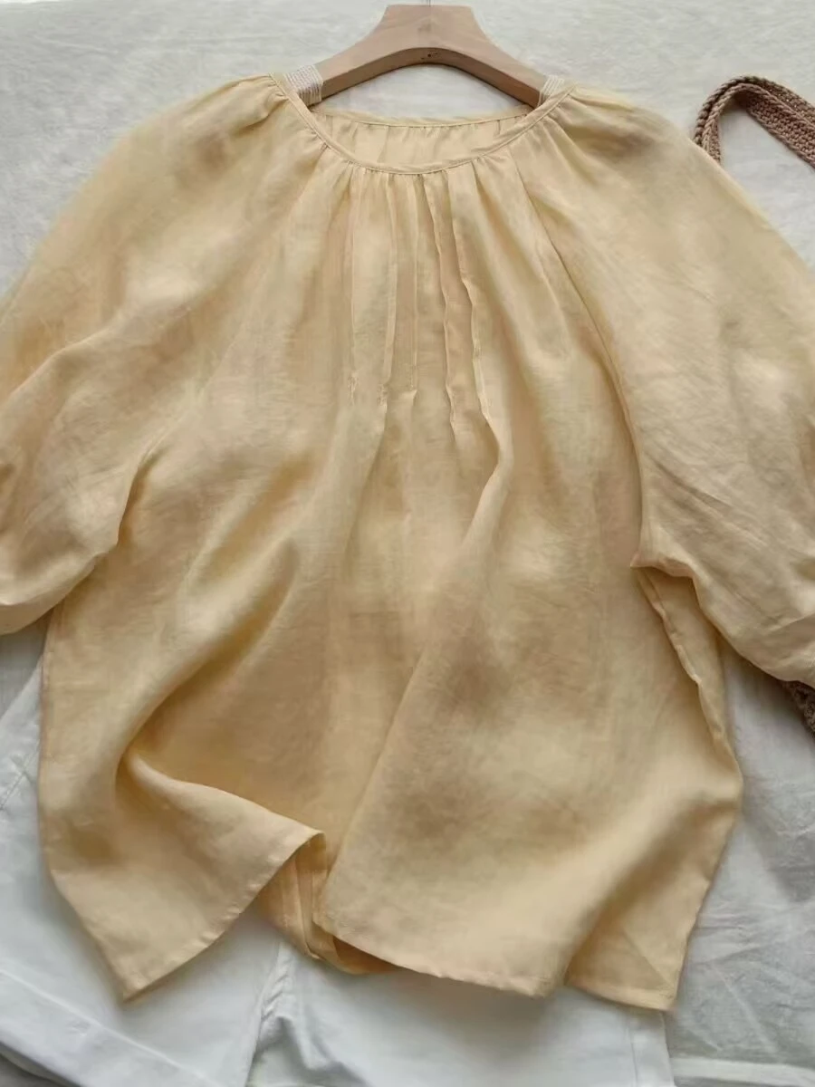 

Premium Japanese Style Yellow Linen Shirt with Bubble Sleeves And Doll Collar for Women Loose Fit Commute Style Spring Shirt