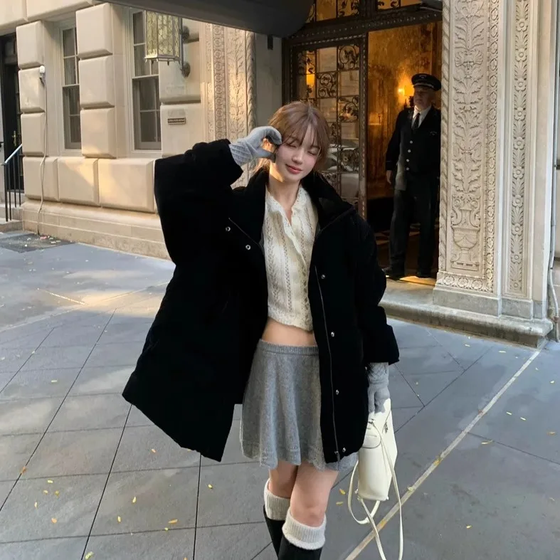 

Корейская утепленная рабочая куртка из вельвета с гусиным пухом, средней длины, с вязаной юбкой, женская, теплая, утолщенная, с длинными рукавами, на молнии