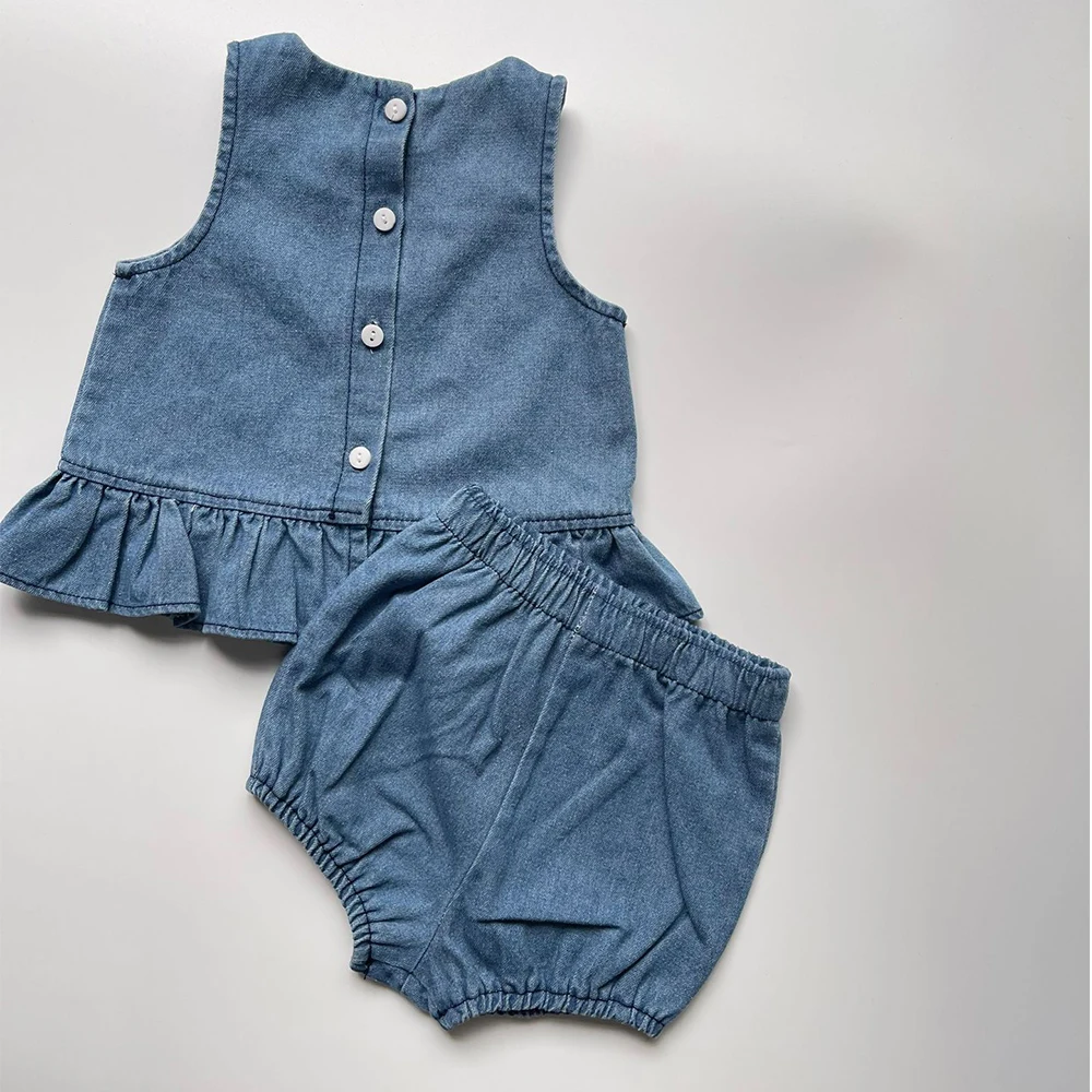 2024 Baby denim solid color suit Boys Girls Short sleeve Summer leisure Sports  sportswear fashion Shorts and shirts  2PCS