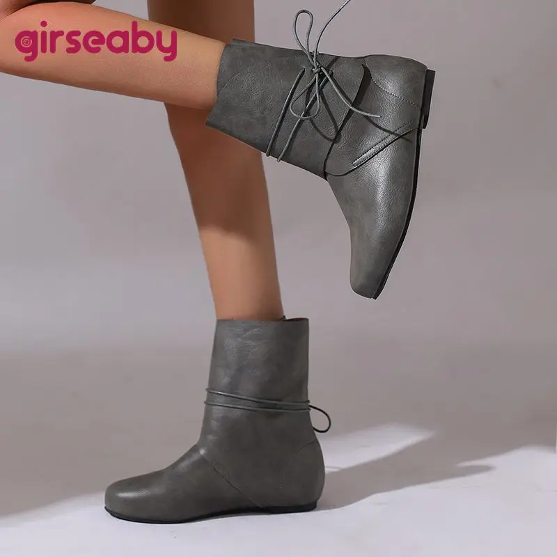 

Girseaby 2025 Винтажные женские ботинки с круглым носком на плоской подошве без шнуровки, большой размер 46 47 48 Мягкие повседневные женские ботинки до середины икры