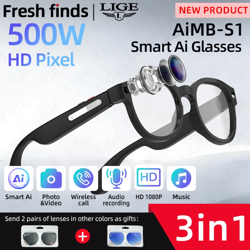

LIGE New 500W Pixel Smart Glasses Men HD Camera 100+Language Translation ChatGPT WIFI Video Recording Bluetooth Calling Glasses