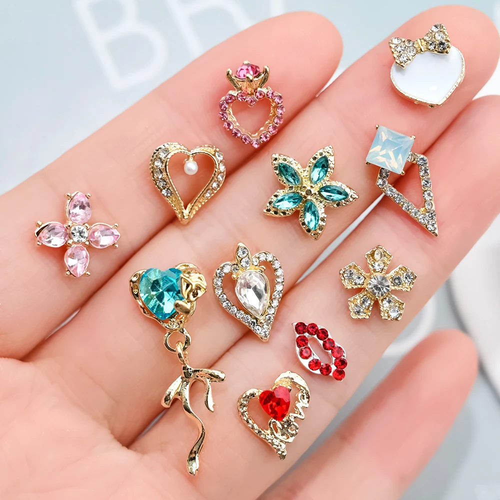 10 Uds. De dijes de uñas de amor para el Día de San Valentín, aleación de cristal de lujo, joyería de corazón y labios, diamantes de imitación para uñas, gemas rojas/azules, accesorio para uñas JE