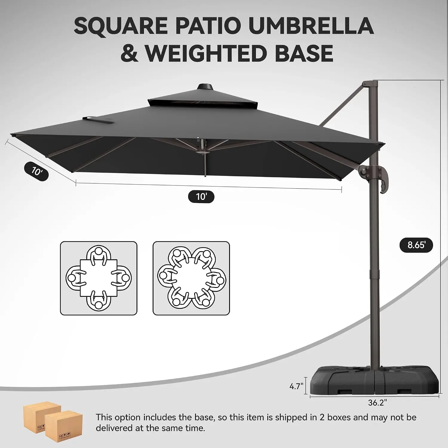 10x10FT Offset Cantilever Patio Umbrella with Matching Base, Outdoor Heavy Duty Sun Umbrella, 7 Adjustable Tilts, Customized
