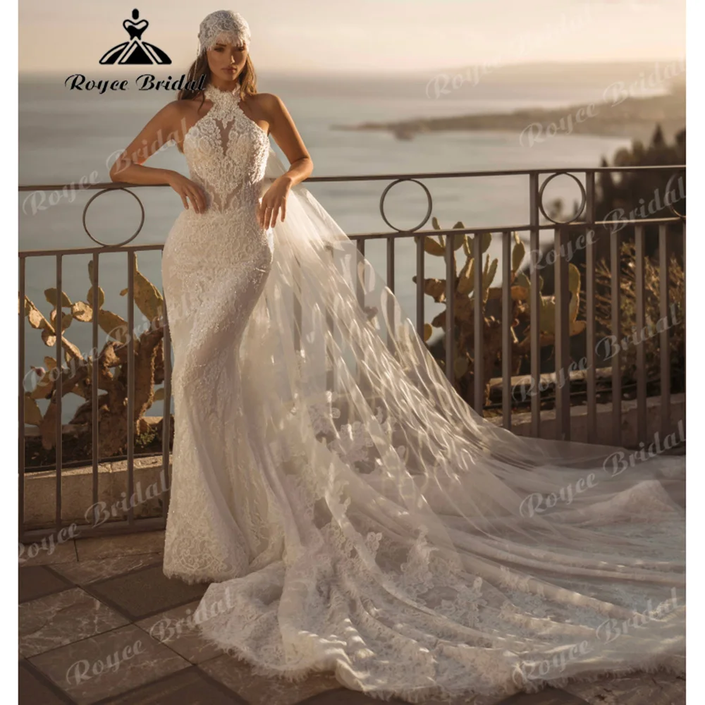 2027 Halter Mermaid Wedding Dress Heavy Beaded Embroidered Lace Sheer Illusion Bodice Low Open Back Vestido De Novia Customized