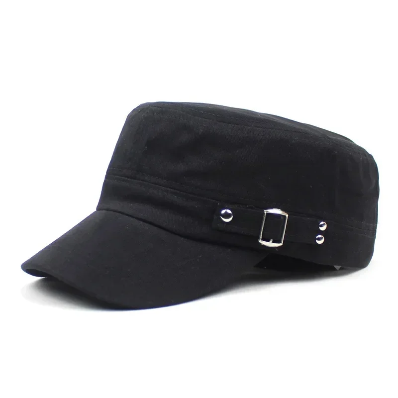 Silver Metal Side Button Baseball Cap Solid Color Adjustable Military Cap Cotton Short Eave Baseball Cap Simple Flat Top