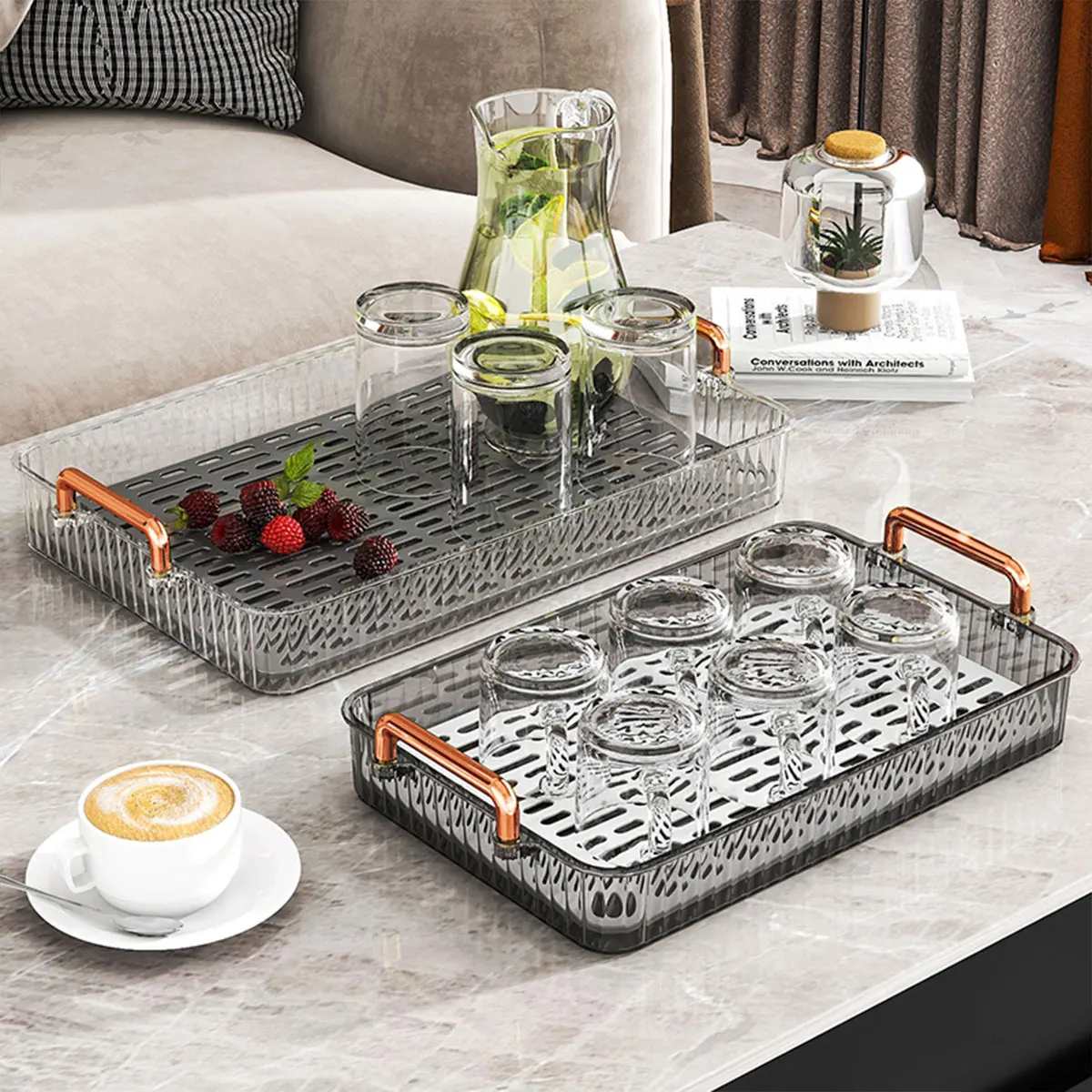 

WORTHBUY Plastic Double Layer Tea Tray With Handle Multifunctional Rectangle Drain Storage Tray Home Living Room Cake Fruit Tray
