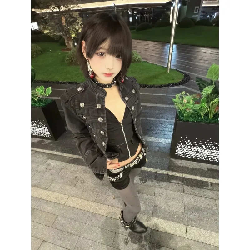 

Blouse Women's American Style High Street Straight Shoulder Denim Short Punk Bell Sleeves Stand Collar Jacket Comfortable Casual