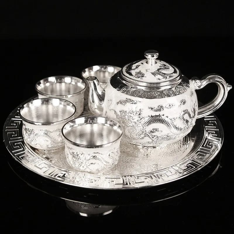 Dragon and Phoenix Silver Tea Set Silver Wine Set 1 Plate, Pot 4 Cups Chinese Teapot Gift Box Set Business Gift