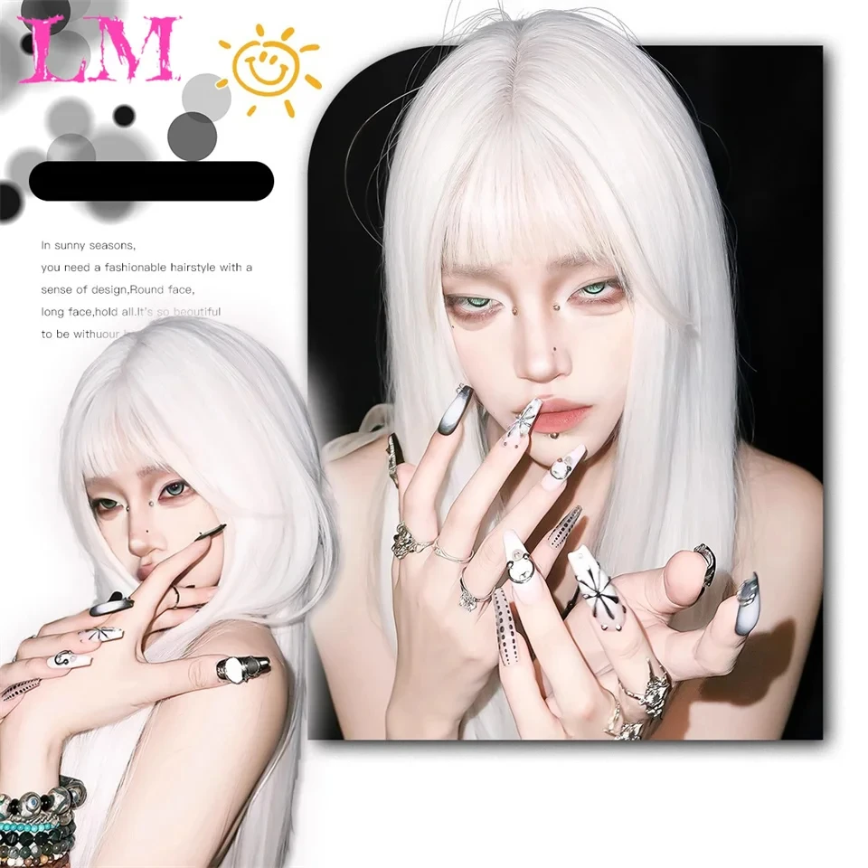 LM Long Water Wave Wig with Bangs White Colorful Cosplay Wig for Women Daily Party Natural Soft Synthetic Hair Heat Resistant