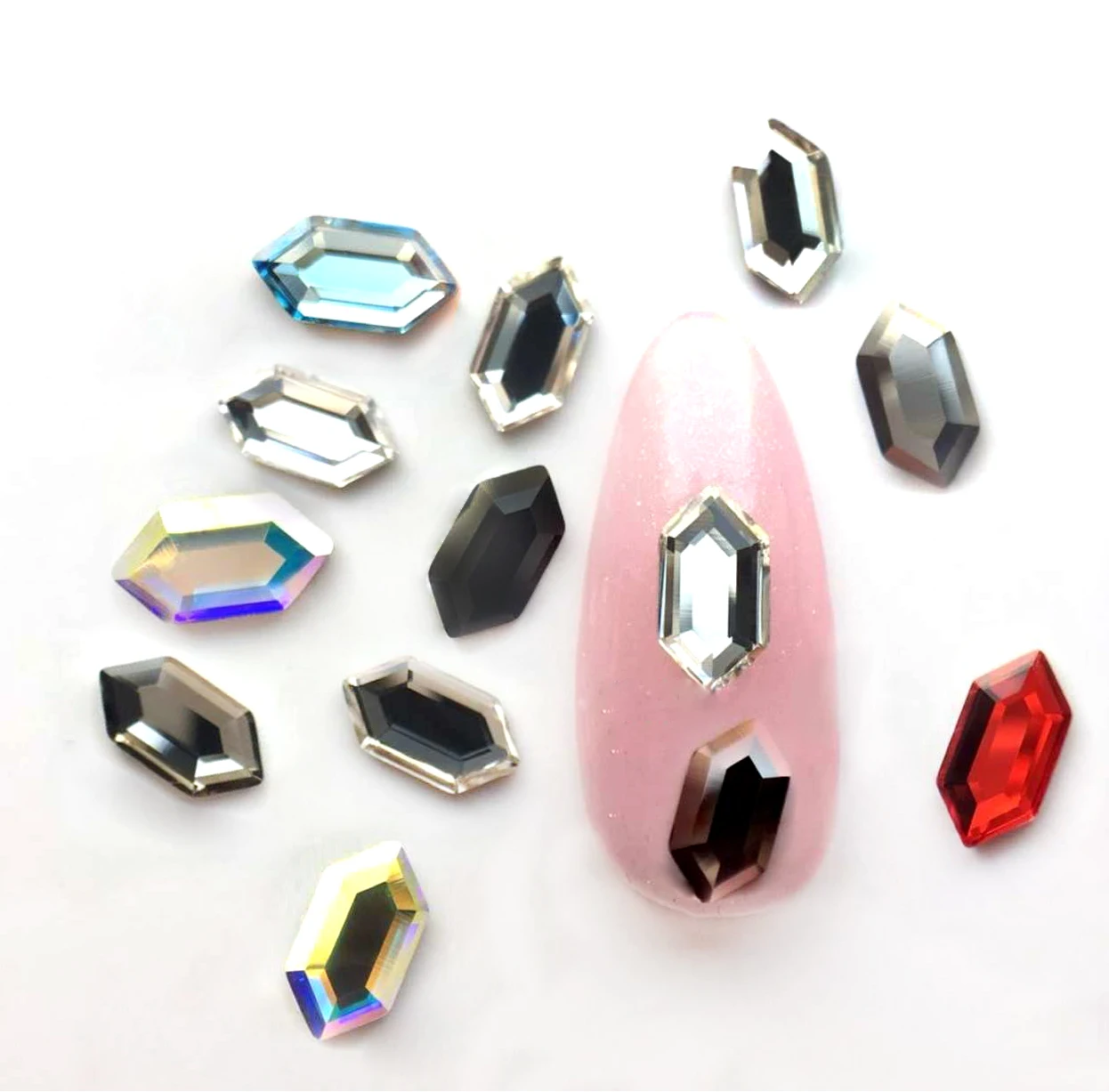 

100Pcs Long Hexagon Shape 4X8mm Crystal AB 3D Flatback Fancy Rinestones For Glass Nail Art Stone Sew On стразы Strass Deco