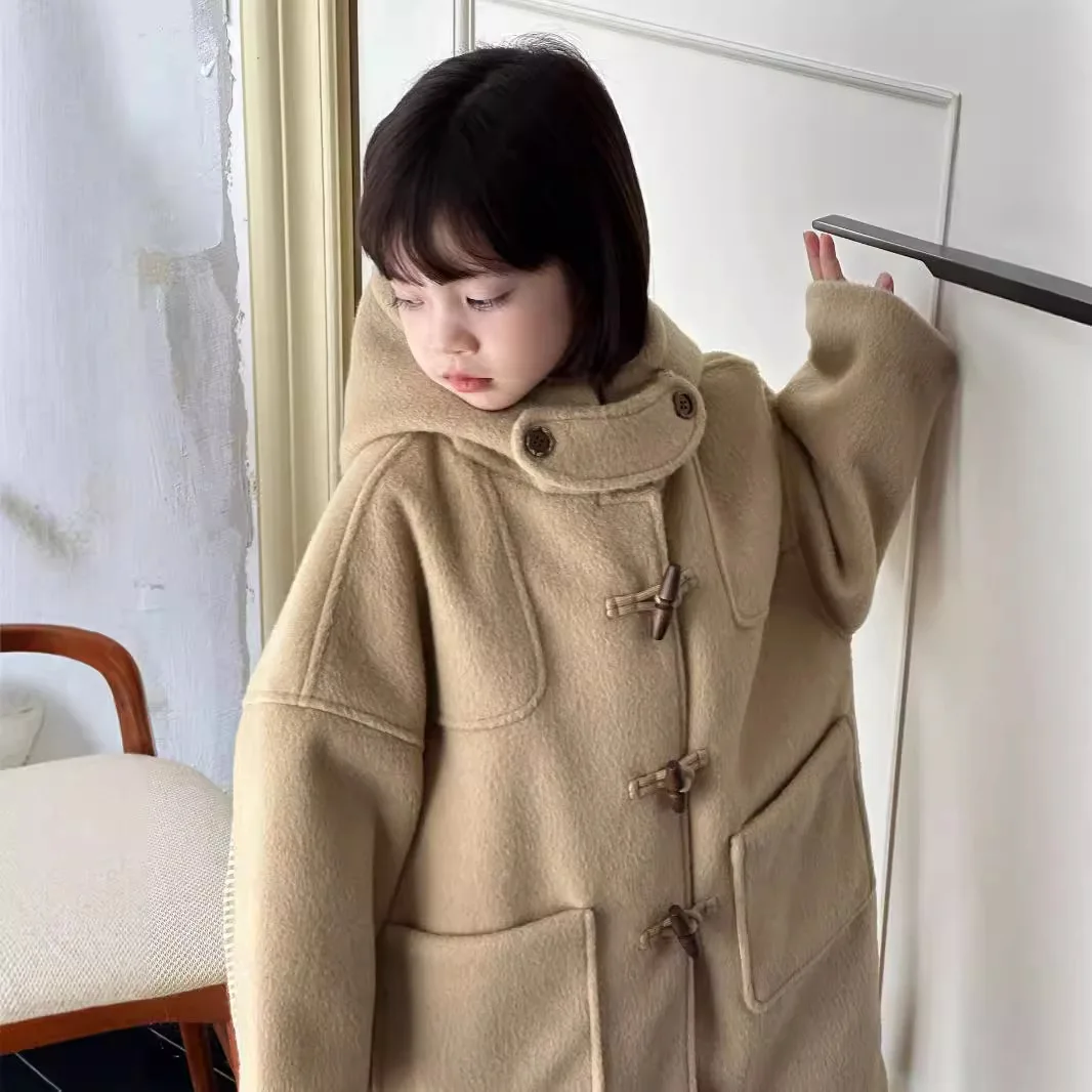 Girls Wool Long Coat 2024 Girls Autumn Winter Loose Hooded Coat Kids Korean Chic Horn Button Padded Woolen Coat Fashion