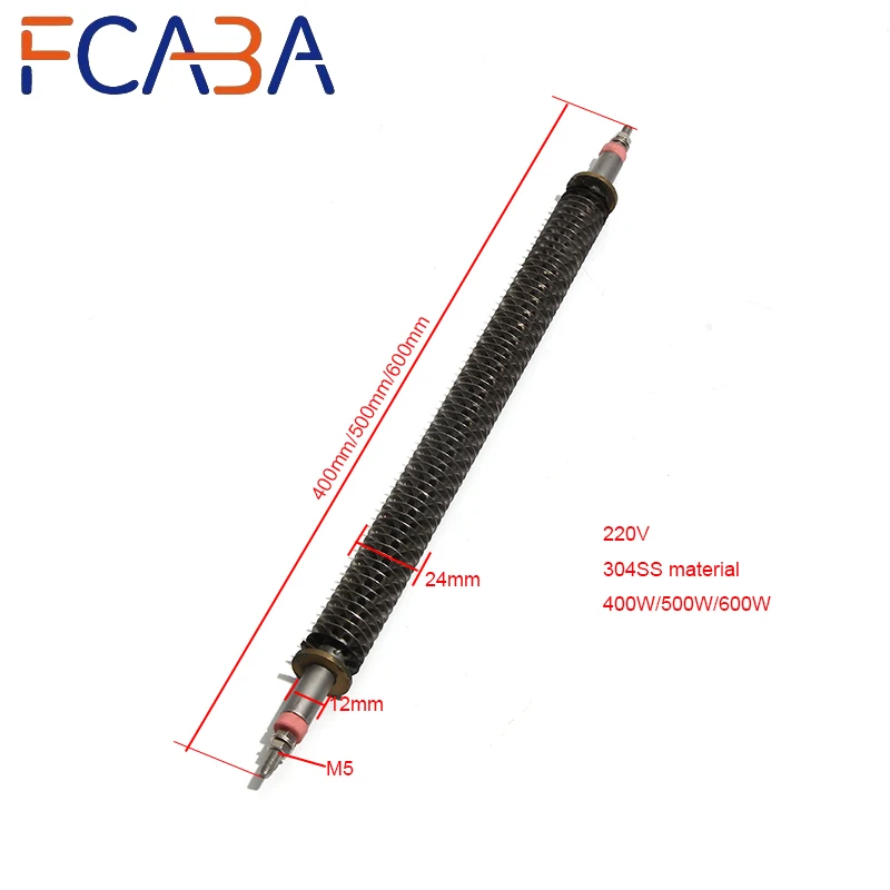 FCABA Dia 24mm Finned Tubular Heater 220V 400~500mm Straight Type 304 Stainless Steel 400W 500W 600W Burning Air Heating Element