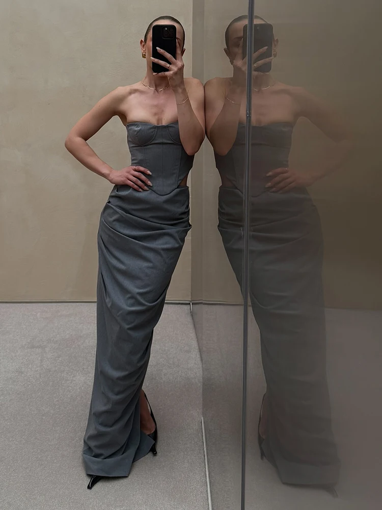 Grey Off Shoulder Corset Ruched Dress Set 2026 Women's Elegant Formal Gown Evening Party Dress Chic Design Sense Long Dress - view 5