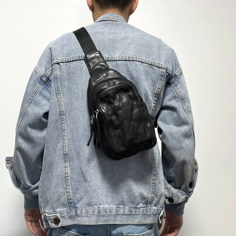 Moda vintage vegetal curtido couro saco de peito masculino festa de fim de semana bolsa de ombro esportes couro genuíno adolescentes crossbody saco