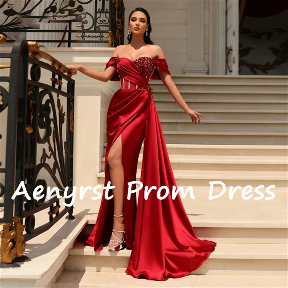 Aenyrst Red Sweetheart Mermaid Prom Dresses Satin Off The Shoulder High Split Evening Gowns Floor Length Christmas Party Dress