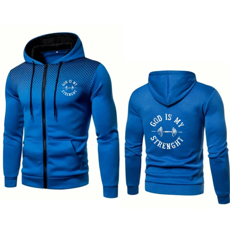 

Men's Hooded Jacket Blue God Is My Strength Printed Gym Workout Fitness Sportswear for Men Outdoor Casual Wear