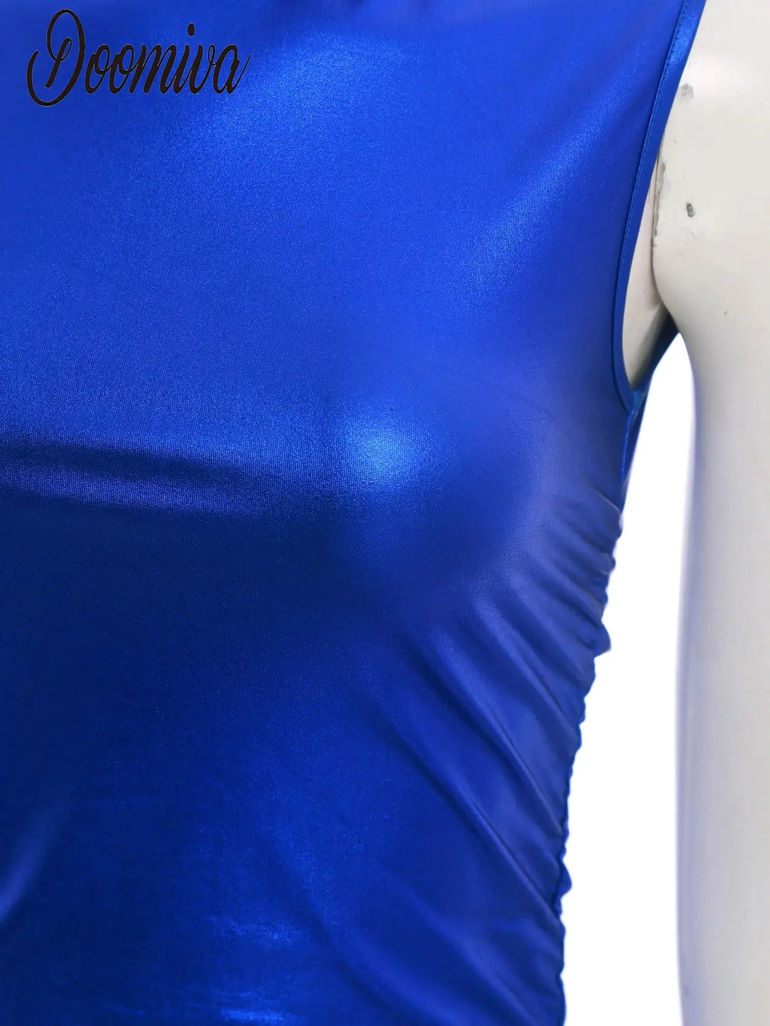 Femmes métallique brillant fête robe moulante côté froncé Mini robe Sexy sans manches mince hanche t-shirt robe courte Rave danse Clubwear