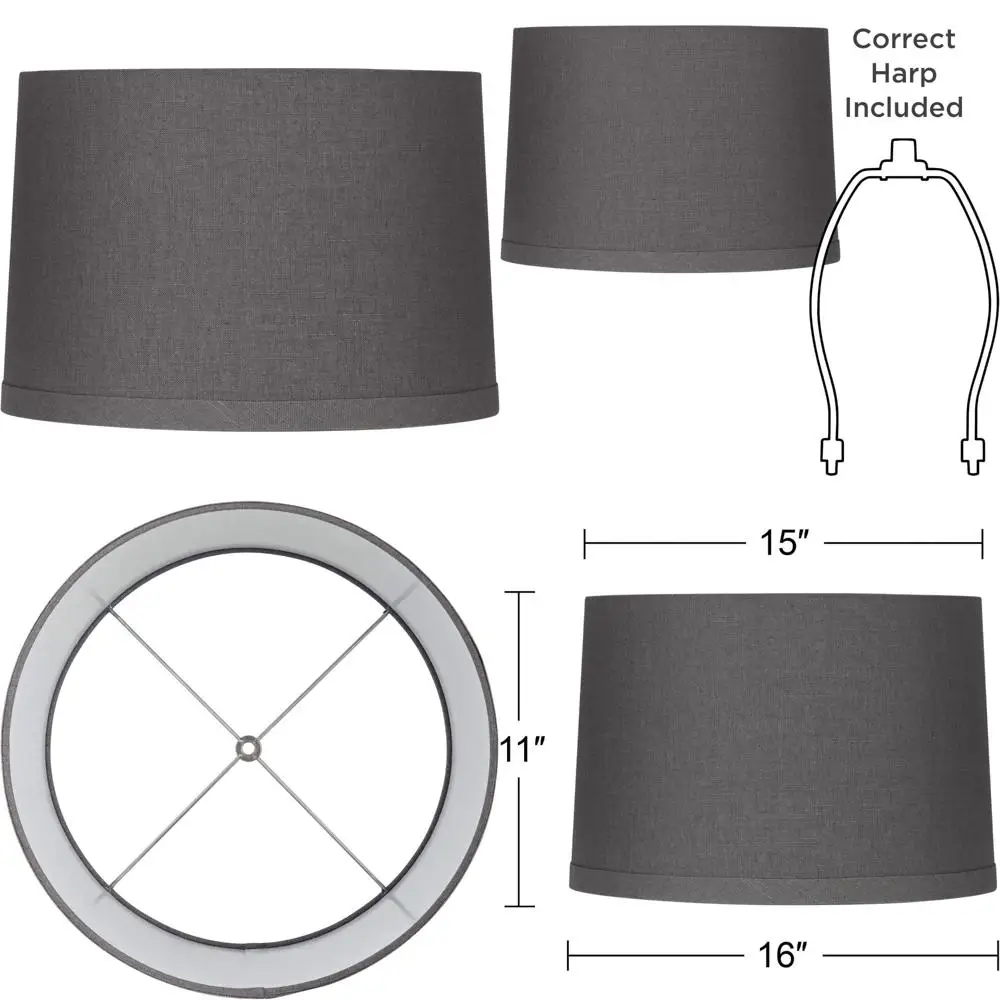 

Large Gray Linen Drum Lamp Shade 15x16 Top Bottom 11 High 11 Slant Spider Replacement with Harp Finial