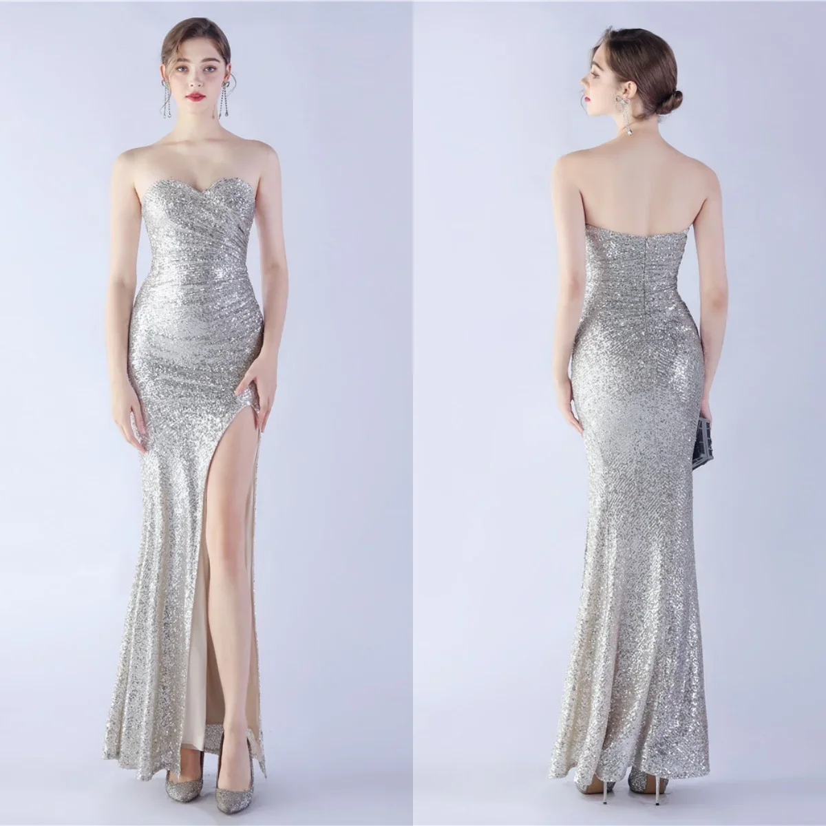 

Evening Dress Champagne Sequins Stretchy Strapless Pleat Zipper Back Mermaid Trumpet Floor Length Women Party Formal Gowns YE087